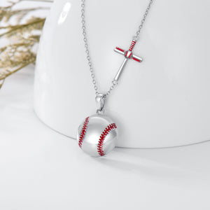 Baseball Cross Necklace in White Gold Plated Sterling Silver - Ceejaies