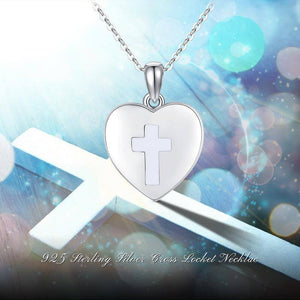 Ladies Cross Heart Locket Necklace 925 Sterling Silver - Holds Picture - Ceejaies